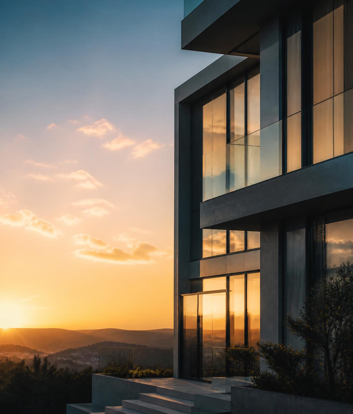 Fachada de residência moderna ao entardecer, representando planejamento patrimonial